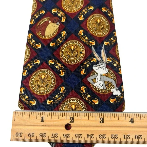 Looney Tunes Necktie Mens Navy Burgundy Vintage 1997 Excellent Medallion Print - Picture 11 of 12